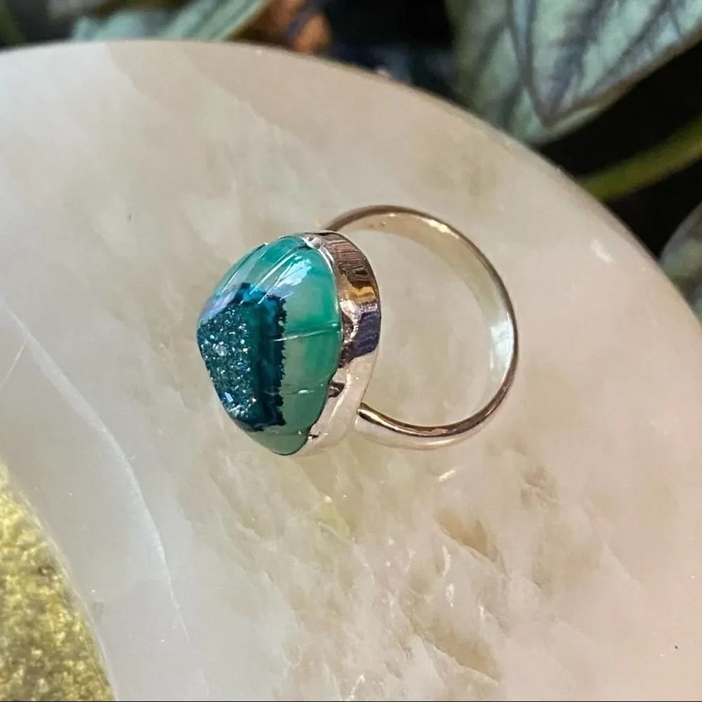 Mediterranean Green Carved Aura Druzy Sterling Silver Size 6.5